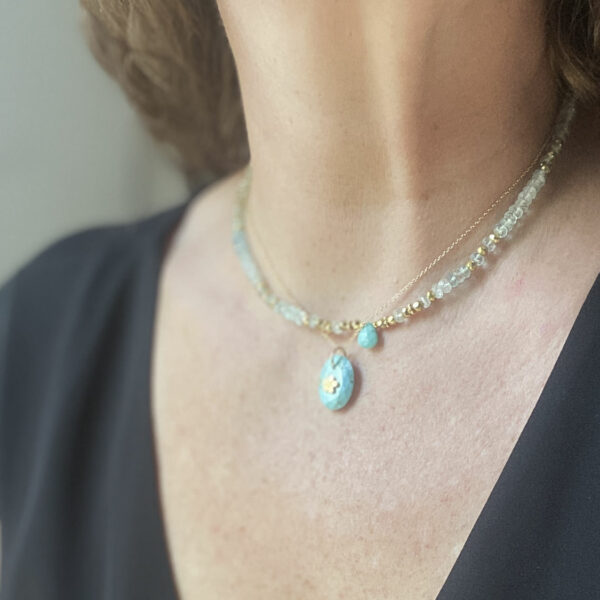 Collier Amrita N°2 Aquamarines et Pyrites briolette en Turquoise