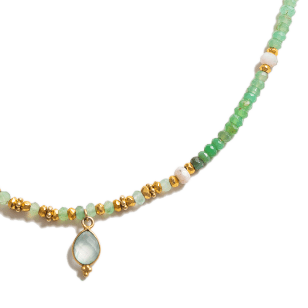 Collier Rani N°8 Chrysoprases, Pyrites à facettes goutte en Calcédoine "Aqua"